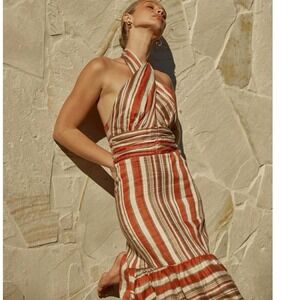 DISSH Stevie Striped Linen Blend Halter Maxi Dress – Terracotta/Multi –‎  US 4